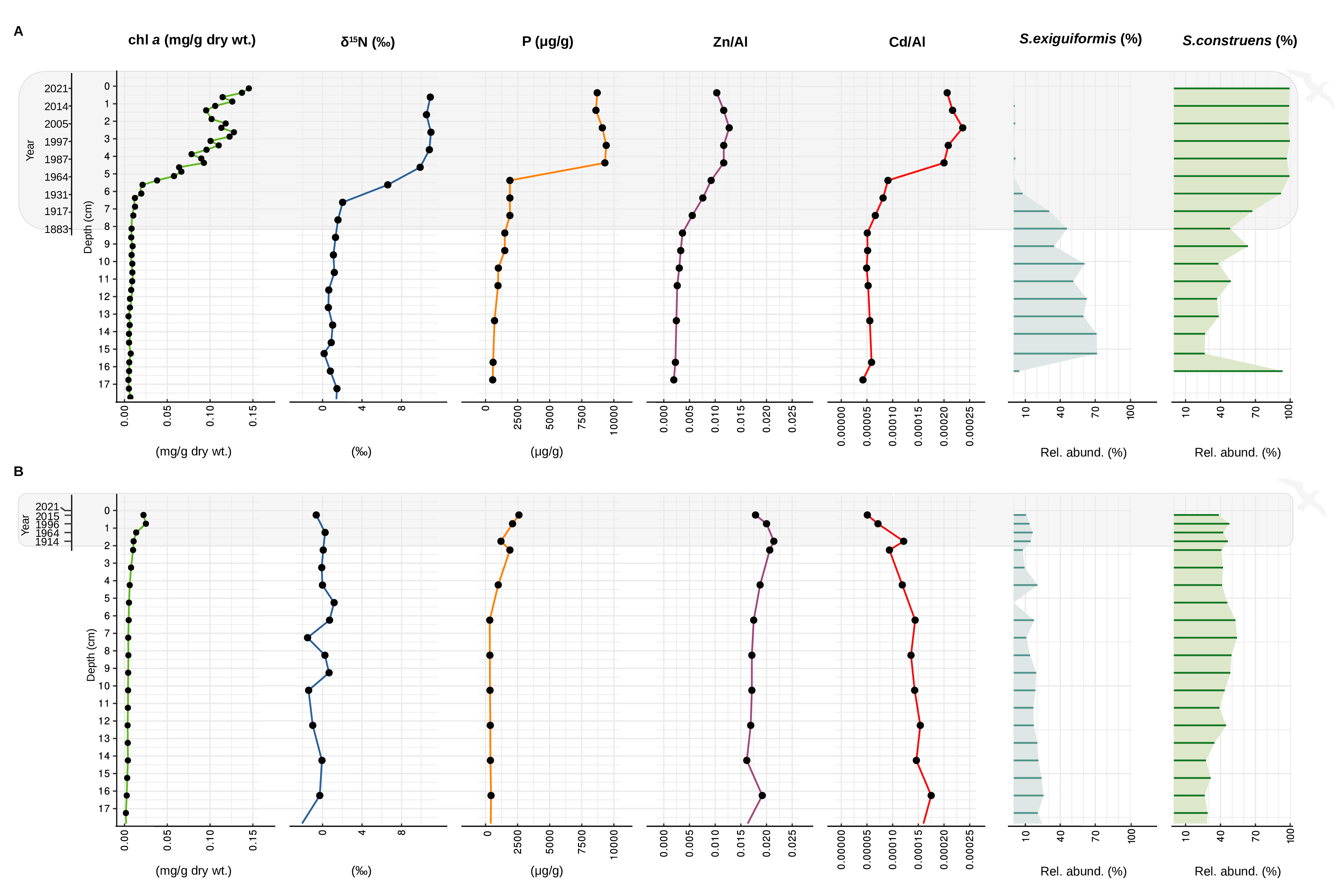 [Bosch et al. 2024]: Multi-proxy stratigraphy of the impact pond core [A] and reference pond core [B]. The secondary y-axis shows the 210Pb dates that were assigned to selected layers of the core using the CRS model, and the dates are aligned by midpoint depth (cm). Grey shaded bars across the stratigraphy represent the period gannets are known to be nesting in Cape St. Mary’s, based on the data found in File S1.